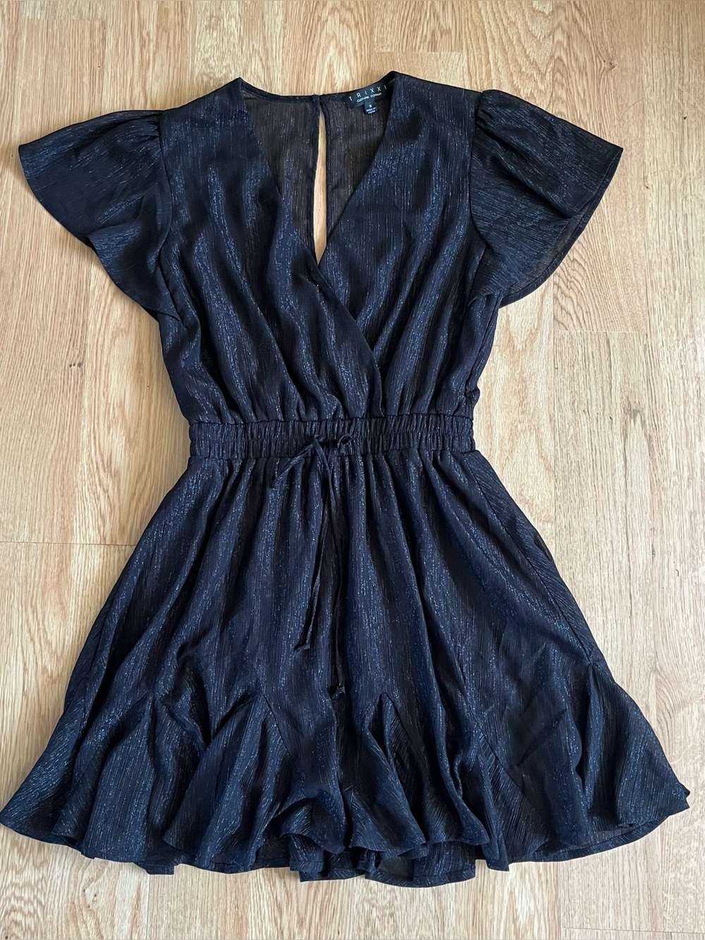 Trixxi Women's Black Glitter Chiffon Wrap V-Neck Flutter Mini Dress Size S